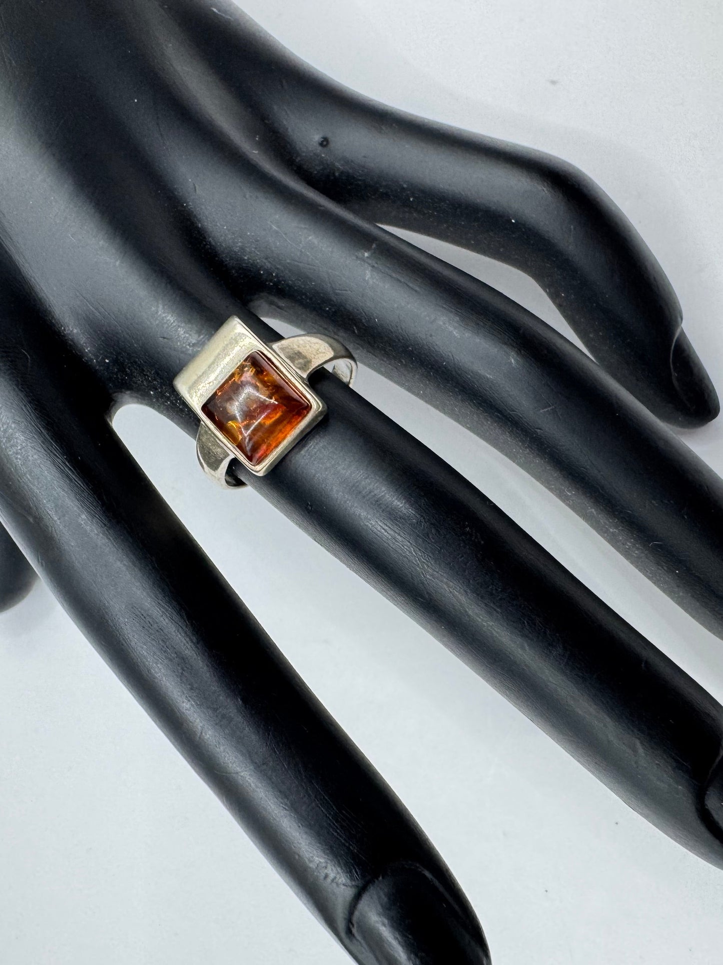 Sterling Silver Rectangular Amber Ring Size 7.5
