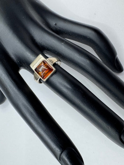 Sterling Silver Rectangular Amber Ring Size 7.5