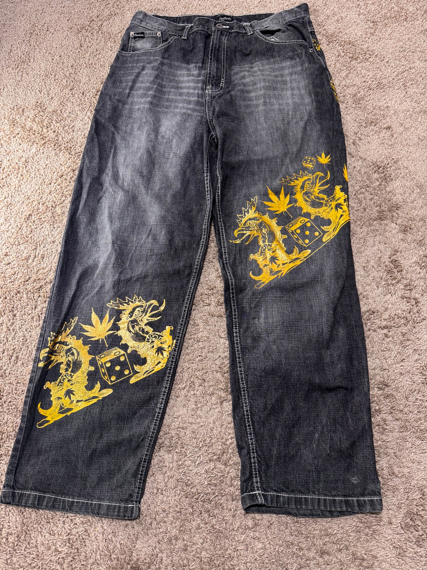 Vintage Y2K Knockout Men’s Baggy Jeans – Size 38x32, Black Denim w/ Gold Graphic Print, Hip Hop Style