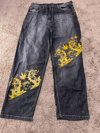 Vintage Y2K Knockout Men’s Baggy Jeans – Size 38x32, Black Denim w/ Gold Graphic Print, Hip Hop Style