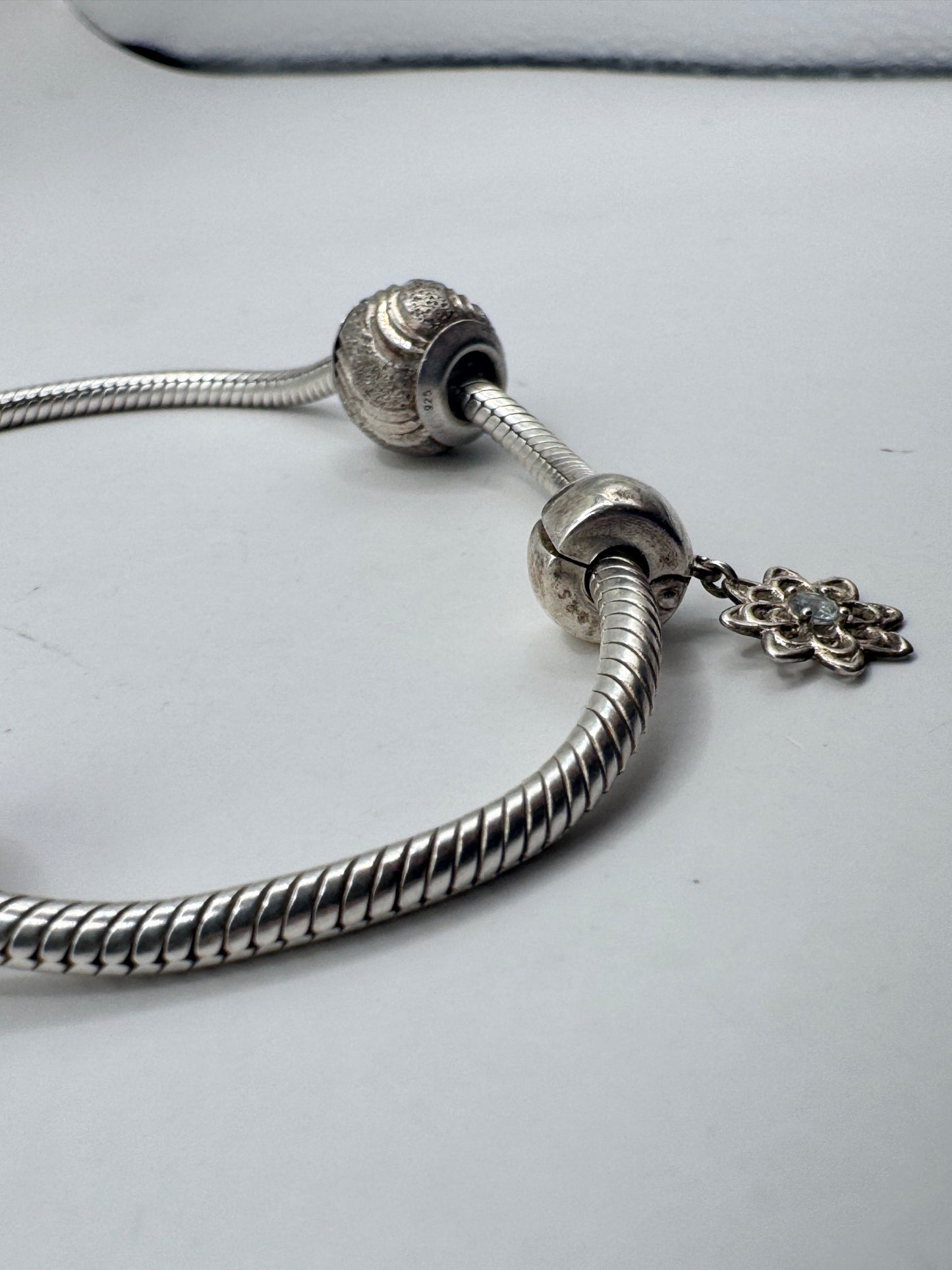 Michael Hill Sterling Silver 925 Snake Chain Charm Bracelet with 2 Michael Hill Charms & Emma & Roe Blue Diamond Charm