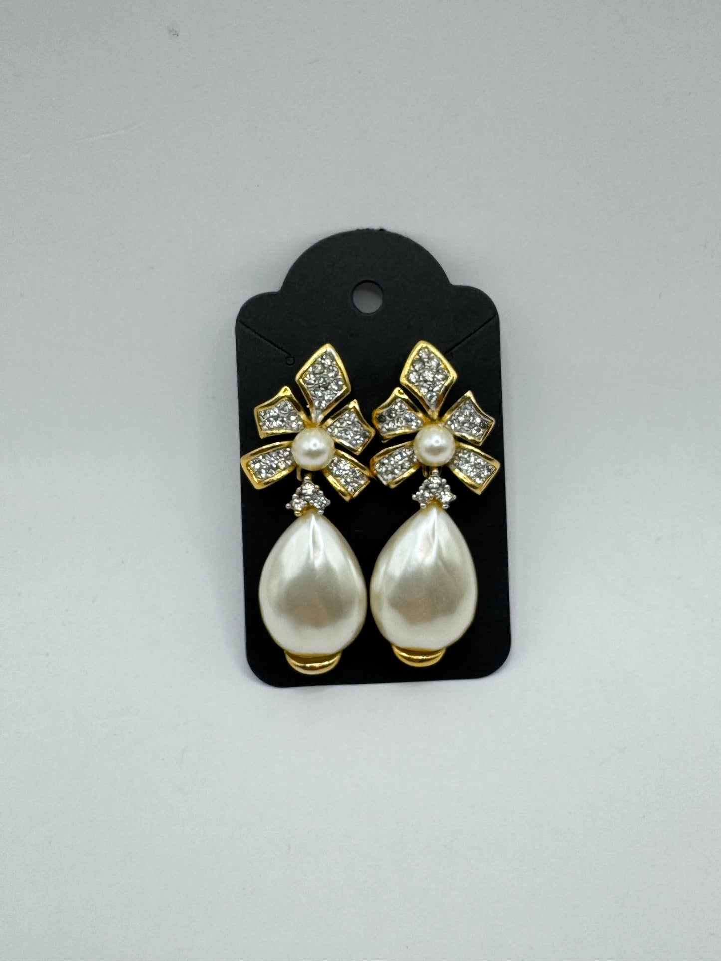 Vintage Gold-Tone Bow Pearl Drop Earrings with Crystal Rhinestones