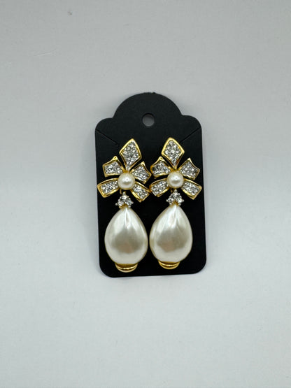 Vintage Gold-Tone Bow Pearl Drop Earrings with Crystal Rhinestones