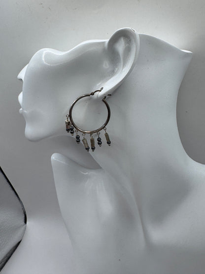 Vintage Sterling Silver Hoop Earrings with Black Onyx Dangles – Excellent Condition