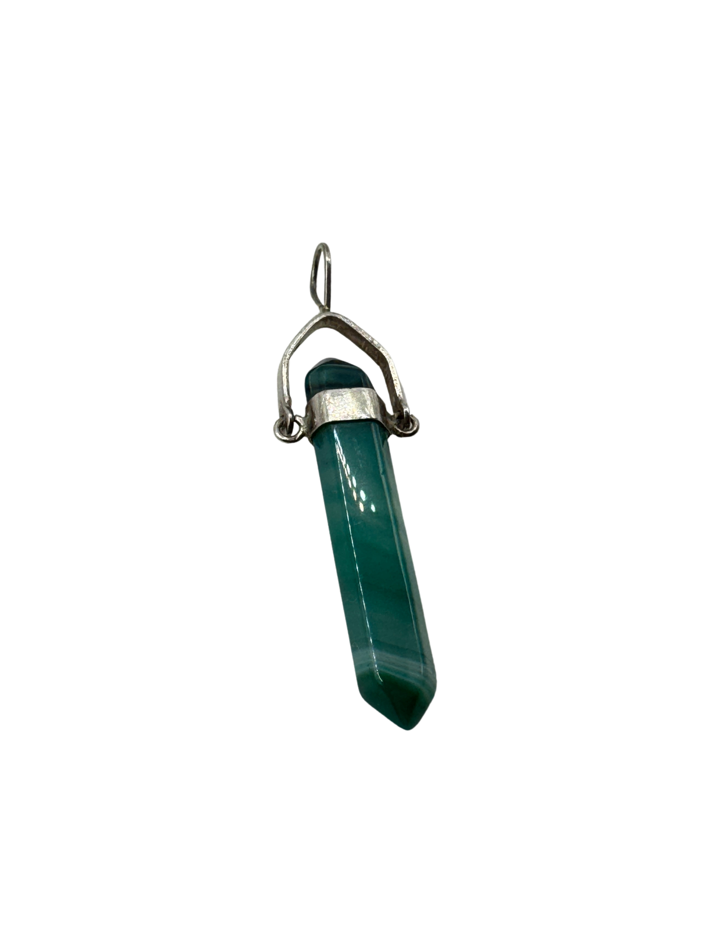 Vintage Sterling Silver Green Banded Agate Crystal Point Pendant – Artisan Gemstone Charm