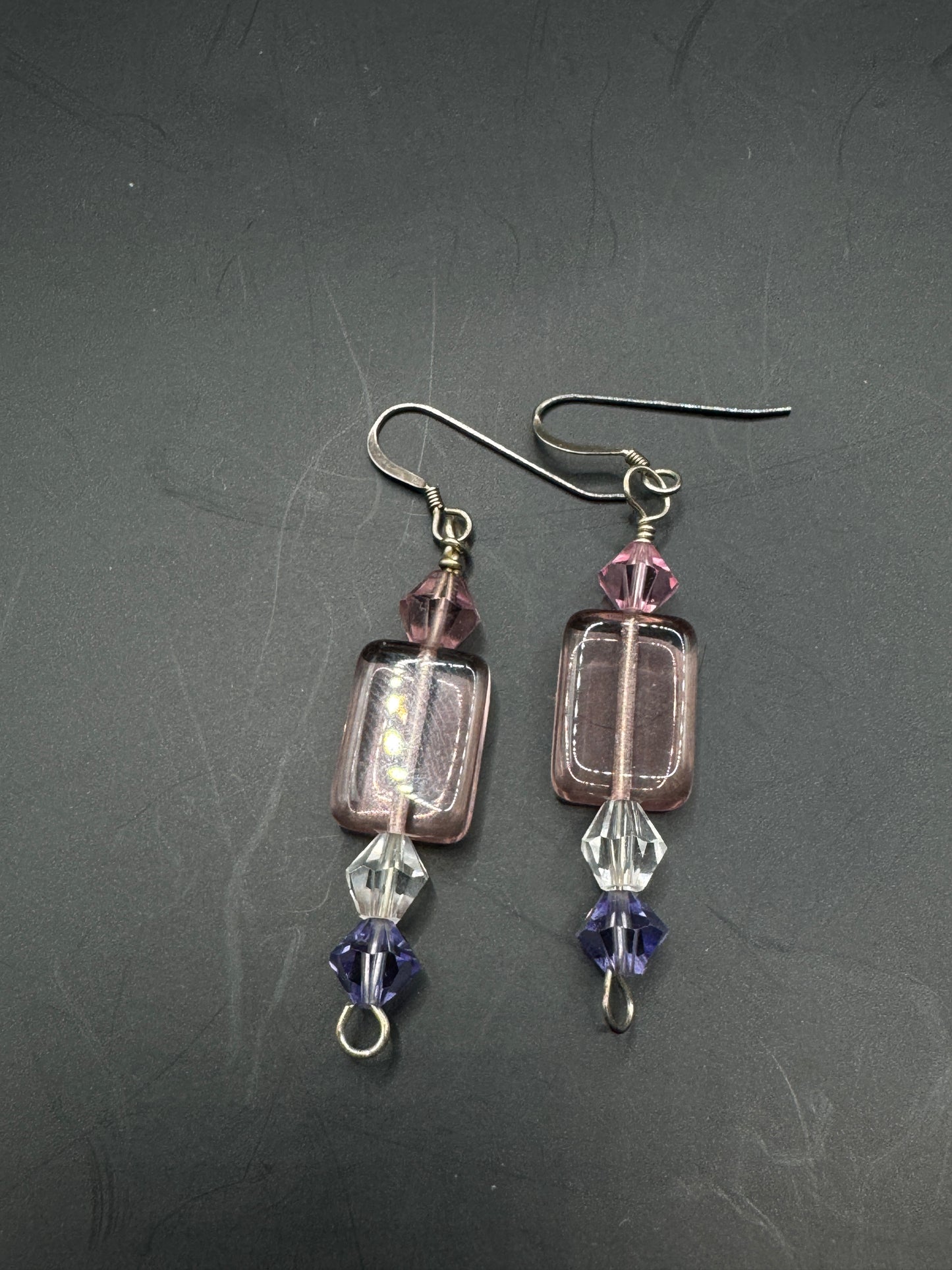 Vintage Sterling Silver Crystal Drop Earrings – Pink & Purple Glass Beads, Elegant Dangle