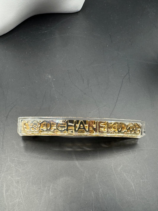 Vintage CHANEL Barrette Hair Clip – Gold Tone Logo Lucite Barrette – Late 1970s / Early 1980s – Made in France – Rare Collectible