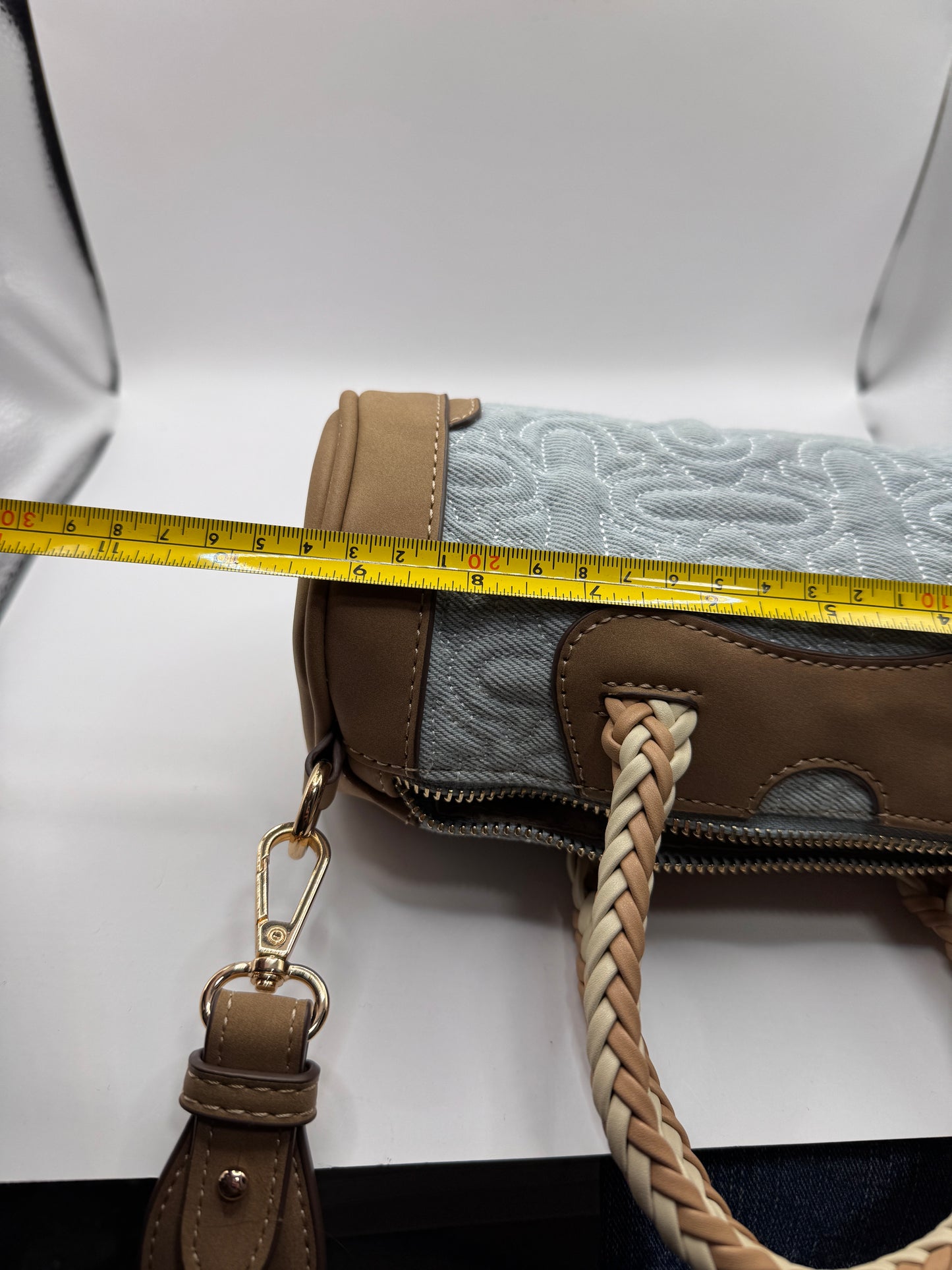 True Religion Quilted Horseshoe Mini Duffel Crossbody Bag – Brand New, Denim & Tan