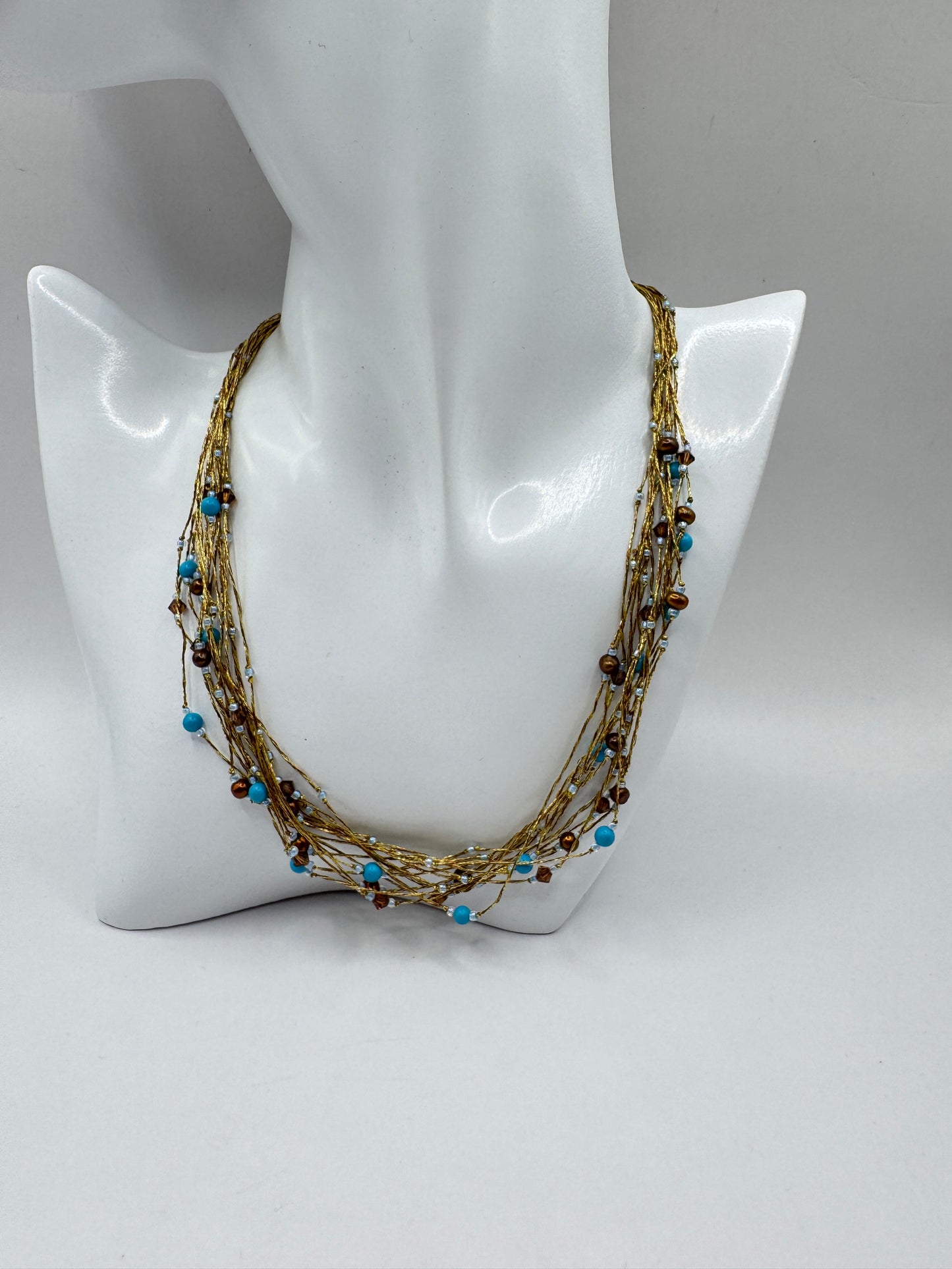 Vintage Multi-Strand Necklace with Turquoise & Pearl Beads – 925 Clasp