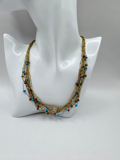 Vintage Multi-Strand Necklace with Turquoise & Pearl Beads – 925 Clasp