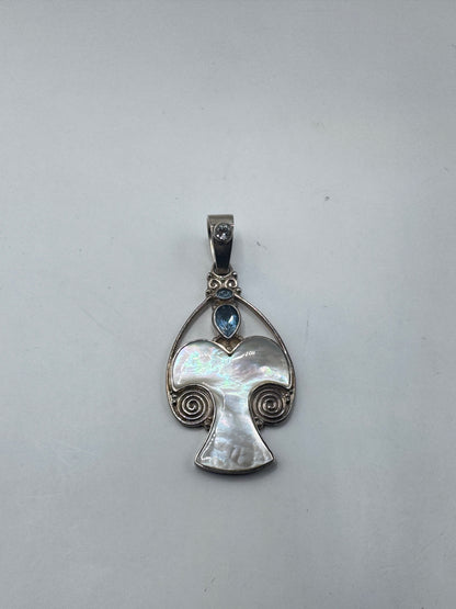 RARE Large Sajen Sterling Silver Mother of Pearl & Topaz Stylized Angel Pendant – Excellent Condition