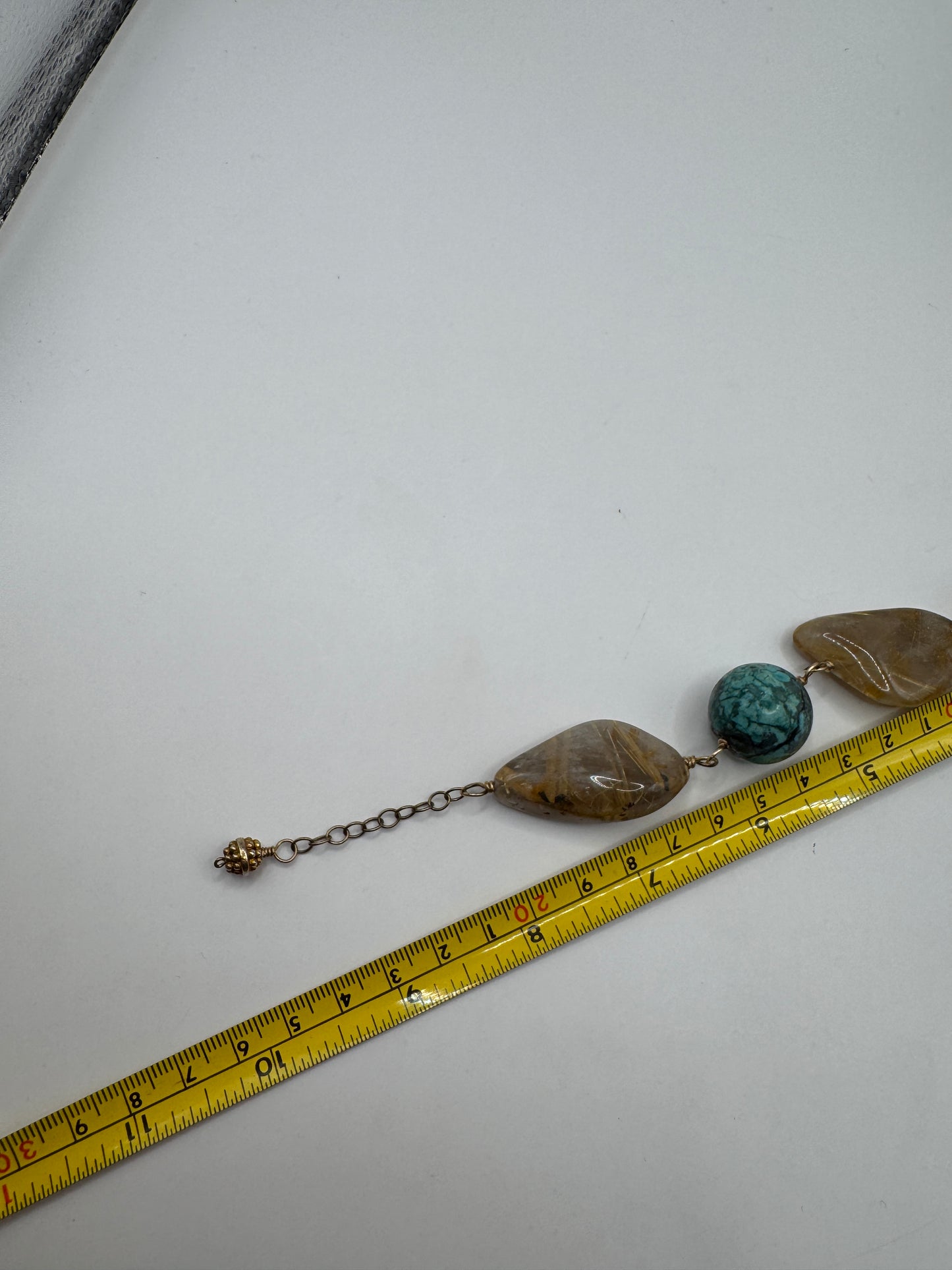 Vintage Sterling Silver Bracelet – Turquoise & Rutilated Quartz Cabochon, Golden Flax Accents