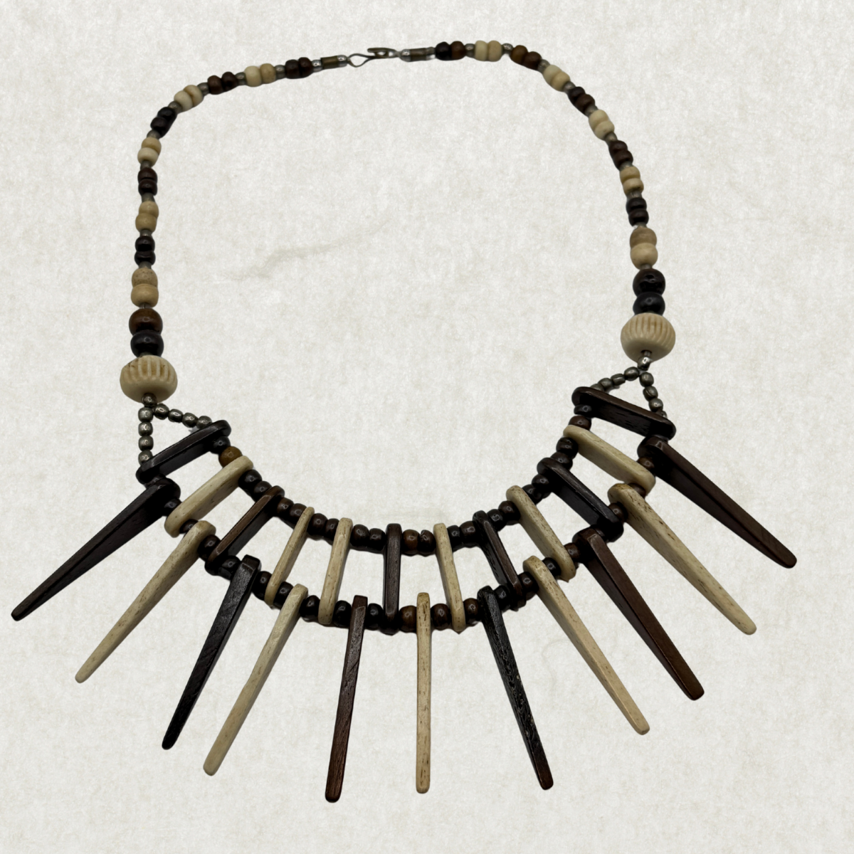 Vintage Bohemian Artisan Necklace – Bone & Mahogany Wood, Tribal Fringe Design, 20”