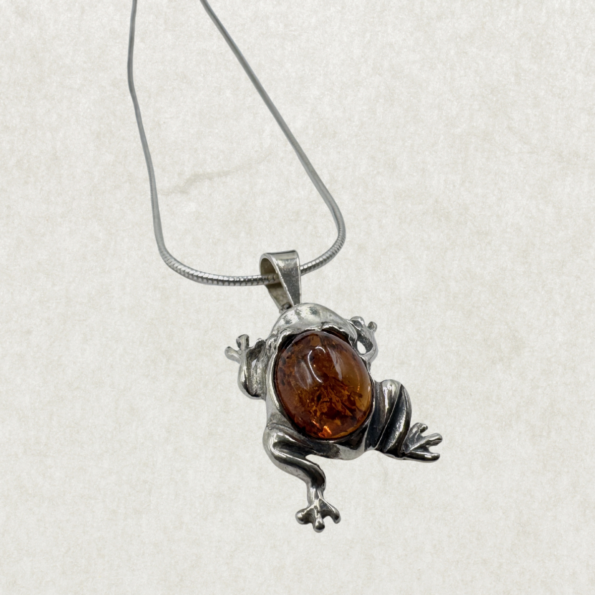 Silver 925 Amber Frog Pendant Necklace 17”