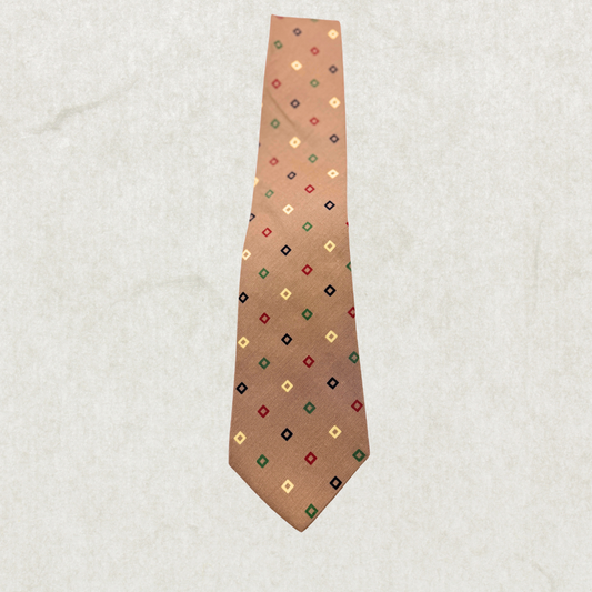 Vintage Valente 100% Silk Tie – Tan with Multicolor Diamond Pattern, 52” x 3”