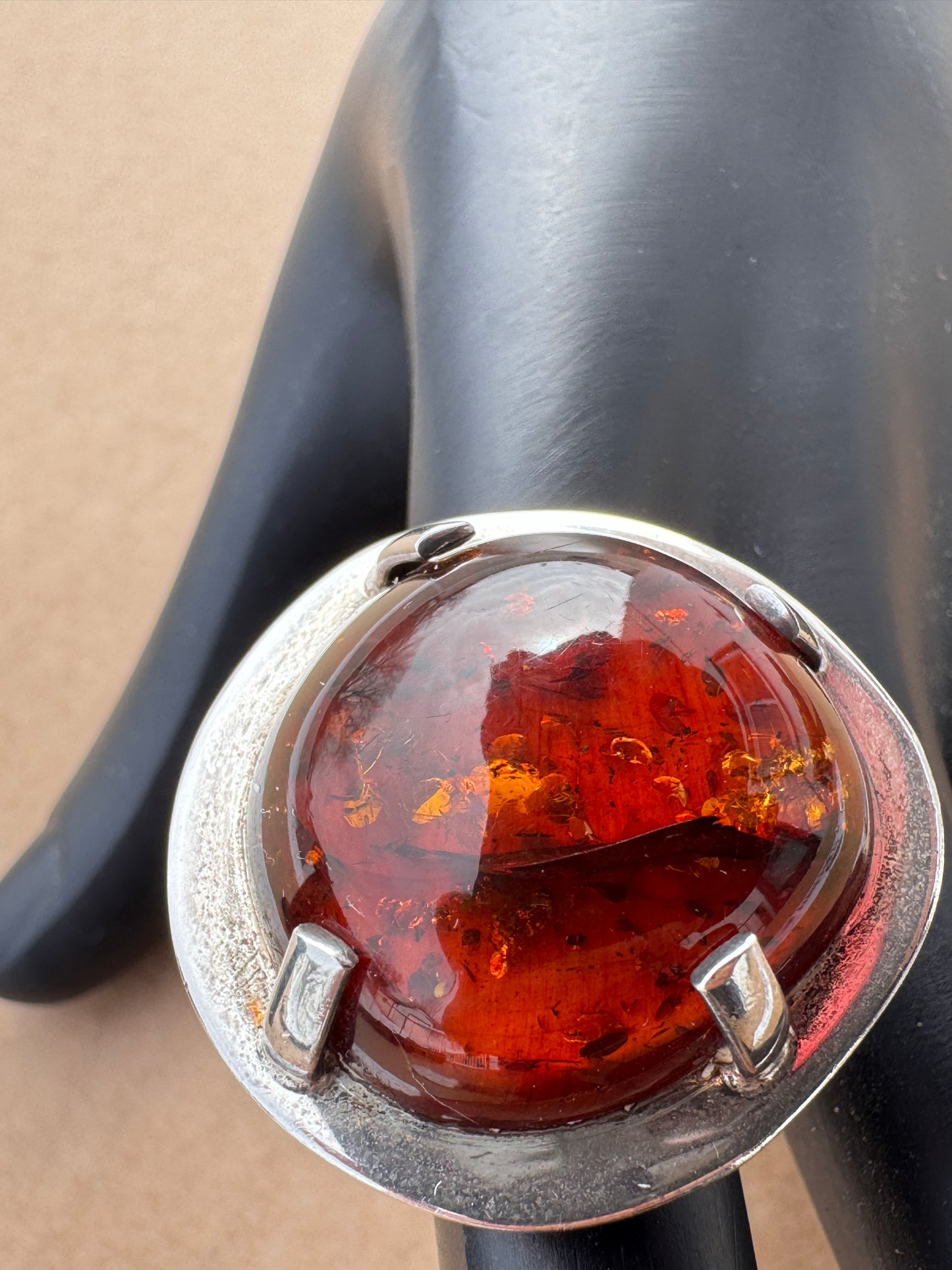 Mogens Godskesen Sterling Silver Ring with Large Baltic Amber, Size 8