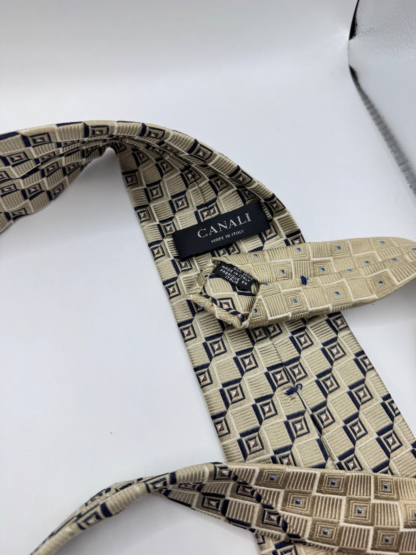 Vintage Canali Silk Tie – 100% Silk, Beige & Navy Geometric Pattern