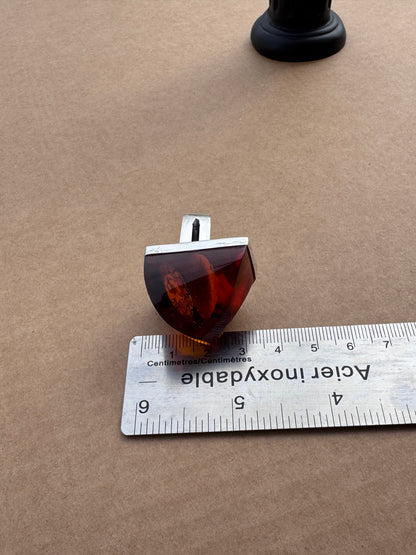 Sterling Silver Ring with Faceted Fire Amber, Size 7.5