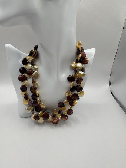 Vintage Double Strand Brown Mother of Pearl Shell Nugget Necklace – 925 Sterling Silver Clasp