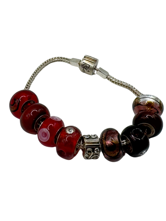 Vintage Rhona Sutton Sterling Silver Murano Glass Charm Bracelet – Red & Black European Beads