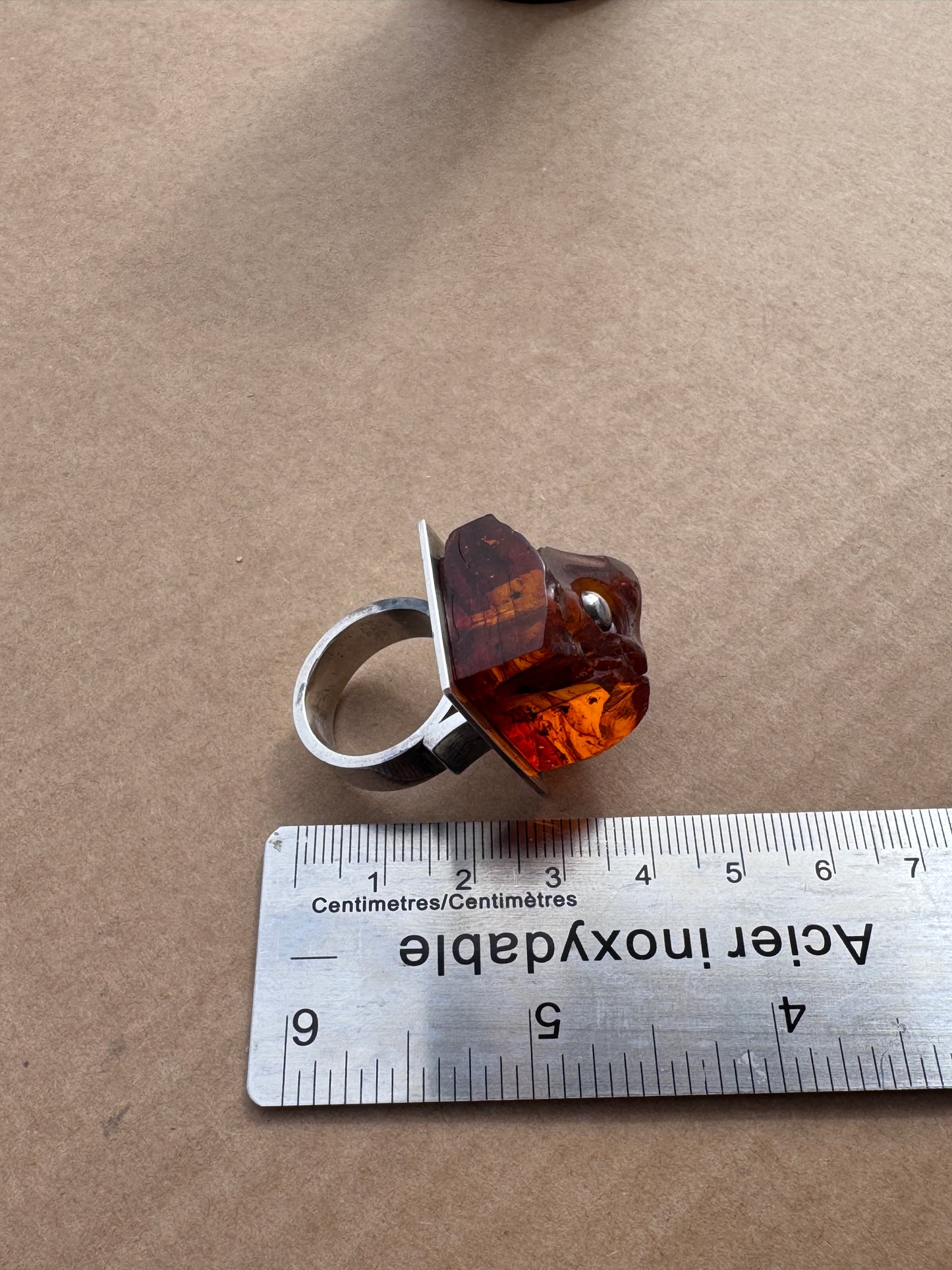 Sterling Silver Modernist Ring with Sculptural Amber, Mogens Godskesen Size 9