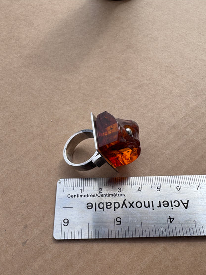 Sterling Silver Modernist Ring with Sculptural Amber, Mogens Godskesen Size 9