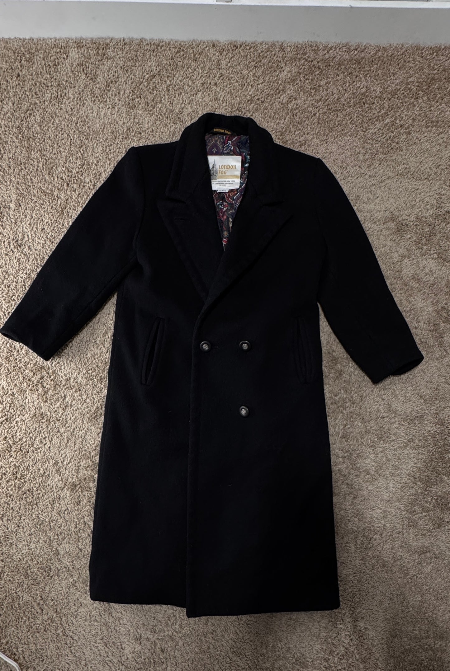 Vintage London Fog Wool Coat – Size 4 Petite, Black, Paisley Lined, Double-Breasted