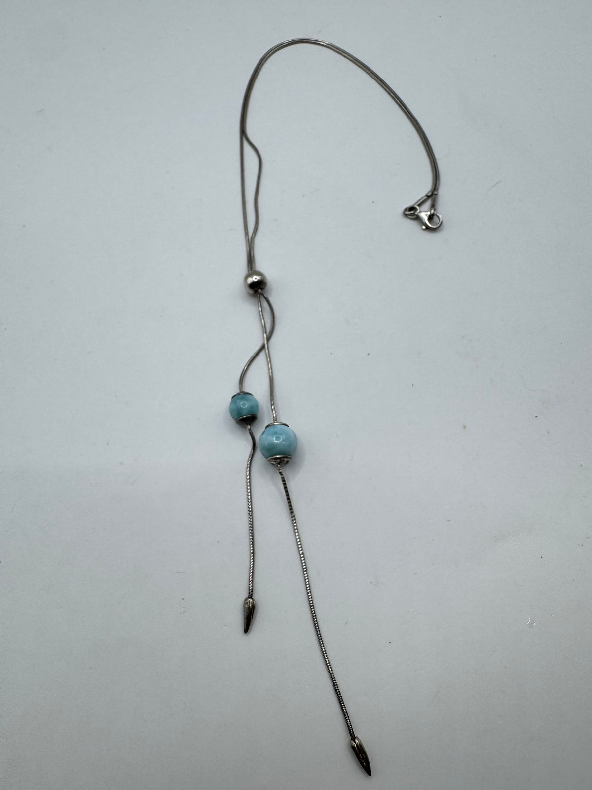 925 Sterling Silver Lariat Necklace with Blue Beads