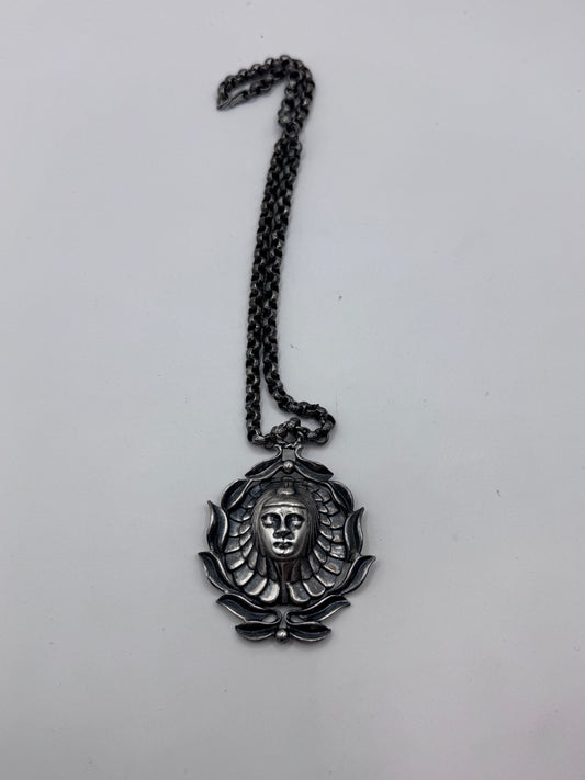 Vintage Art Nouveau Scandinavian Statement Necklace – Large Ornate Face Pendant with Handmade Chain