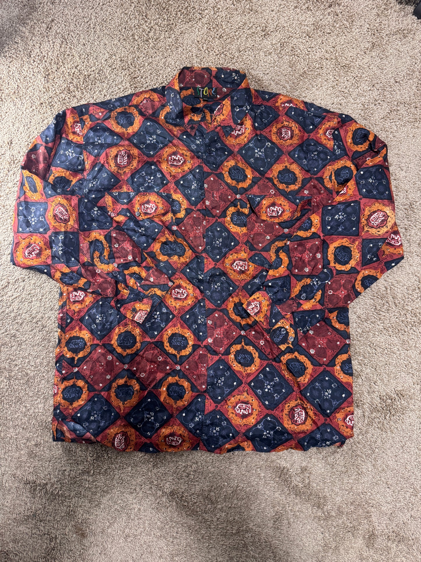 Vintage 1970s STONE Silks Men’s Shirt – 100% Silk, Size XL, Oversized