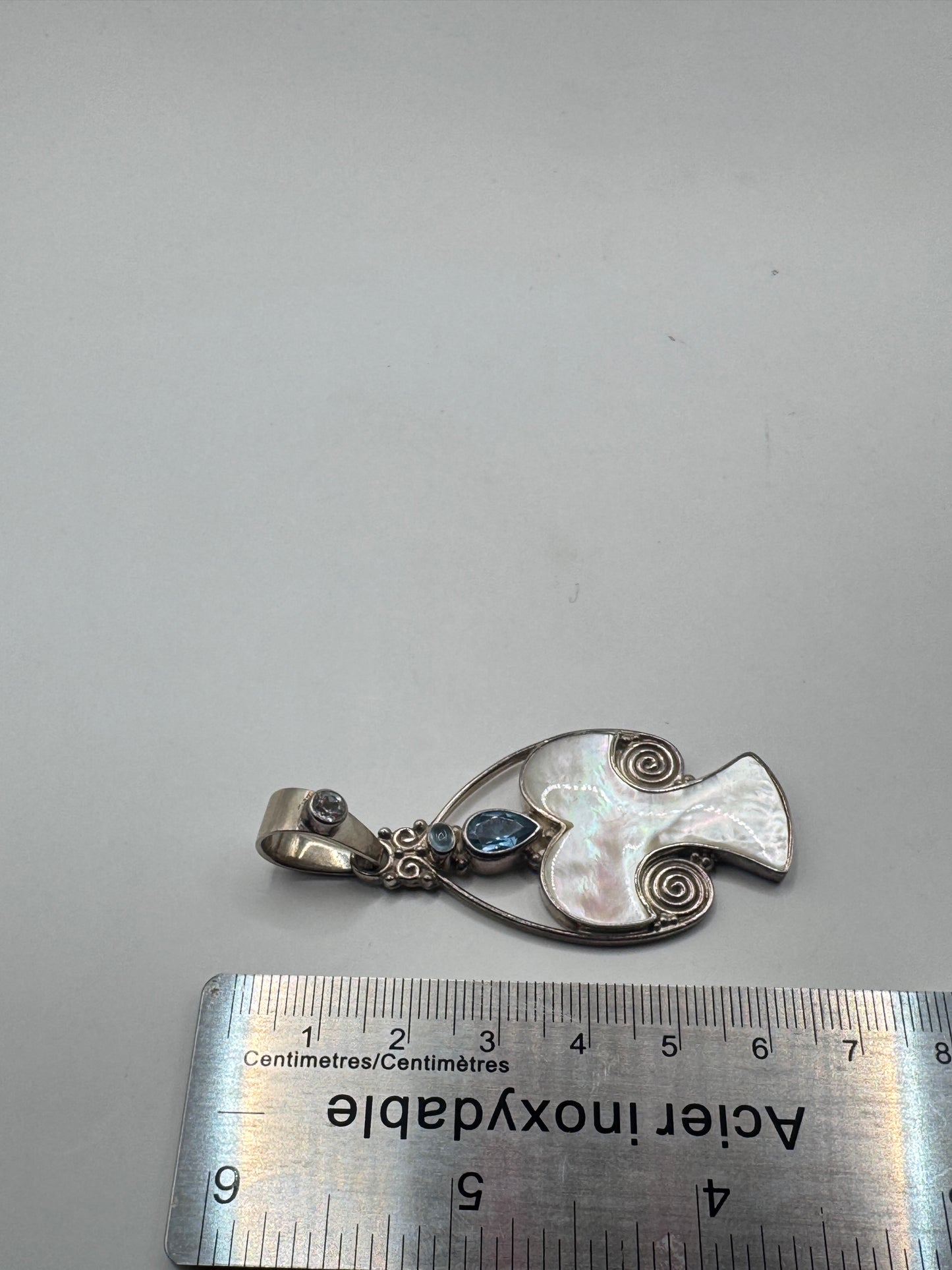 RARE Large Sajen Sterling Silver Mother of Pearl & Topaz Stylized Angel Pendant – Excellent Condition