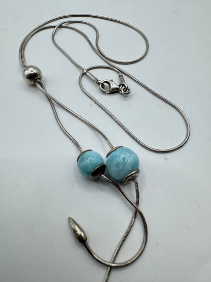 925 Sterling Silver Lariat Necklace with Blue Beads