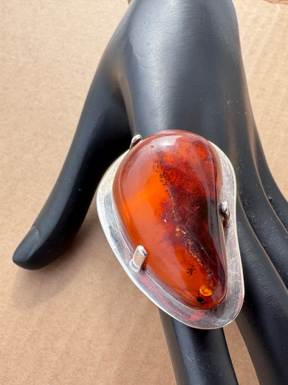 Fischland Ostseeschmuck Sterling Silver Ring Mogens Godskesen with Baltic Amber, Size 7.5