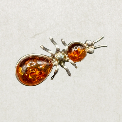 Vintage Amber Sterling Silver Ant Brooch