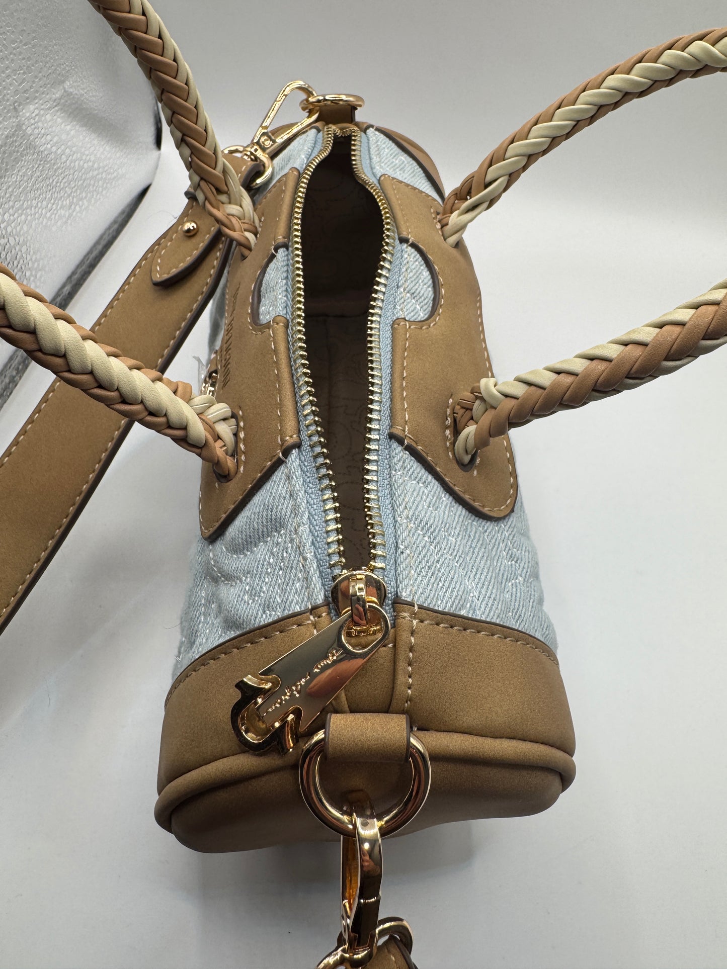 True Religion Quilted Horseshoe Mini Duffel Crossbody Bag – Brand New, Denim & Tan