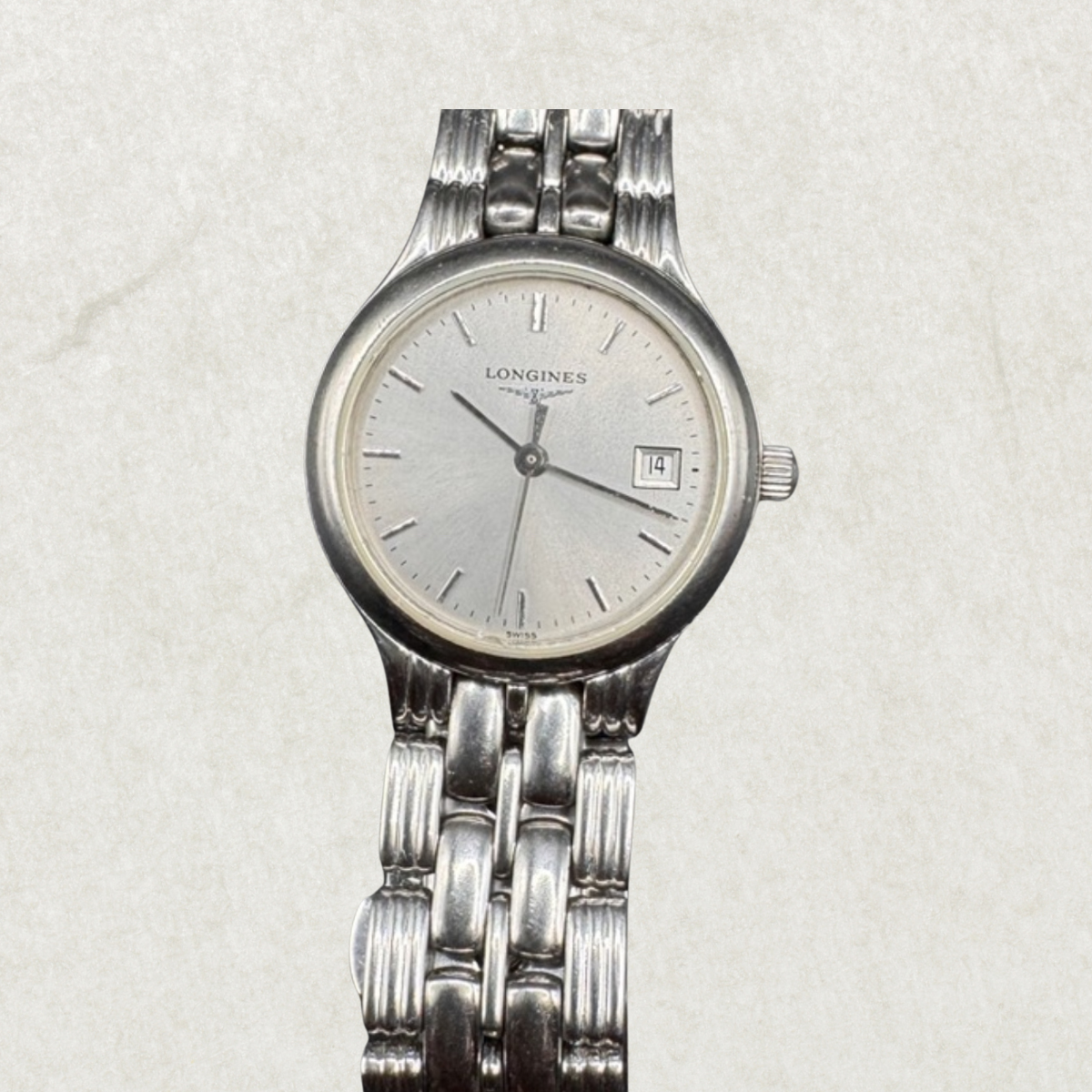 Vintage Longines Ladies Watch ~1990s – Stainless Steel Bracelet, Date Window, Used with Glass Defect