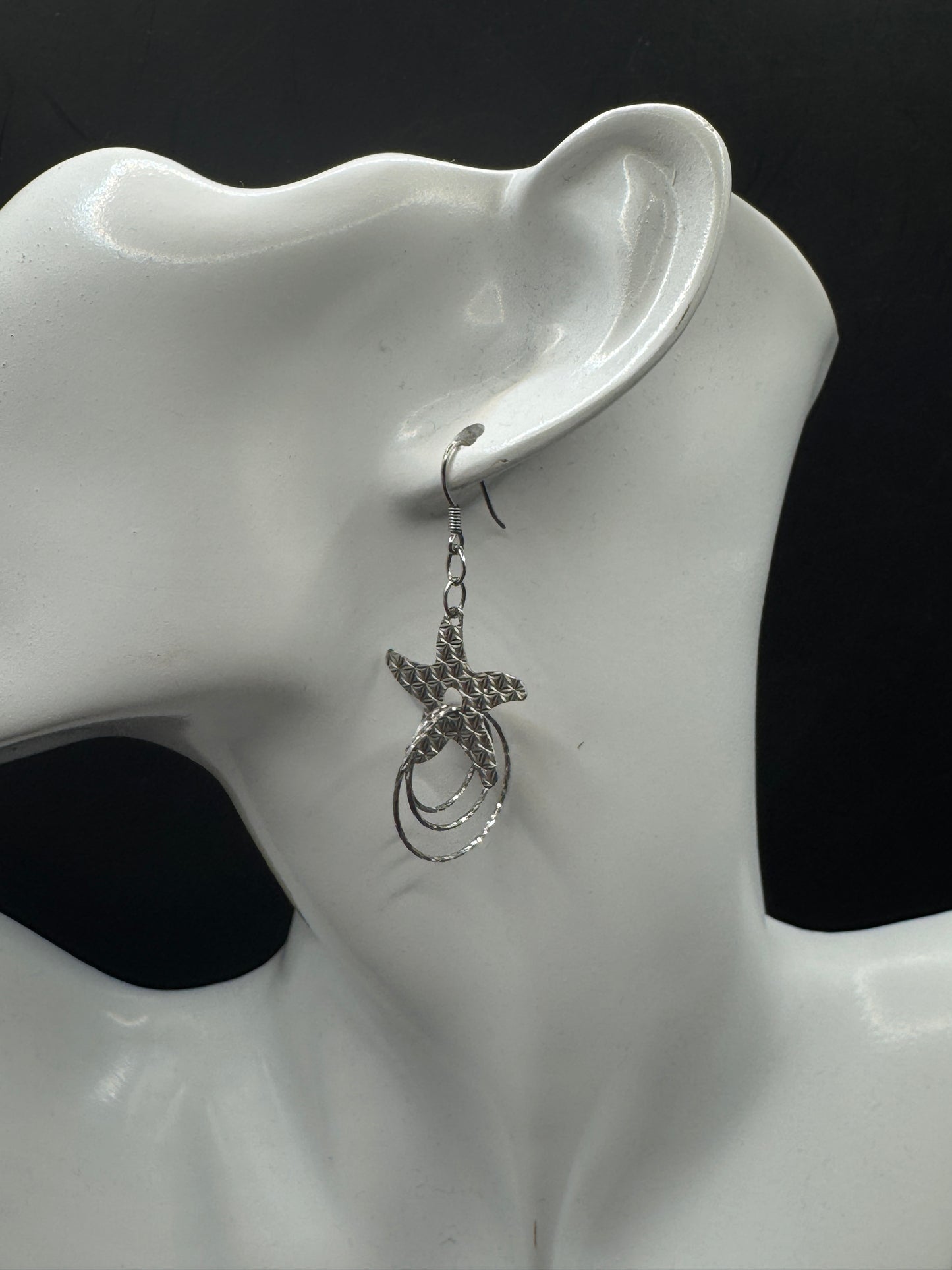 Vintage Sterling Silver Starfish Dangle Earrings – Diamond Cut Textured Hoops