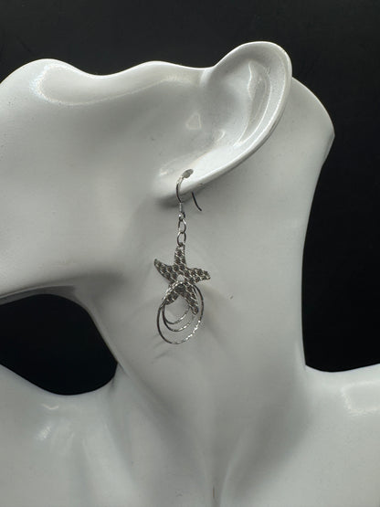 Vintage Sterling Silver Starfish Dangle Earrings – Diamond Cut Textured Hoops