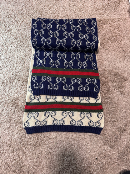 Vintage Gucci Men’s Wool Scarf – Navy & Cream Monogram, 70” x 12”