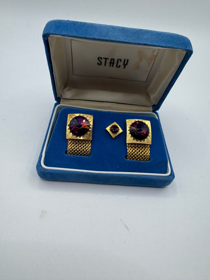 Vintage 70s Rivoli Crystal Cufflinks & Tie Pin Set – Watermelon Prism Gold-Tone