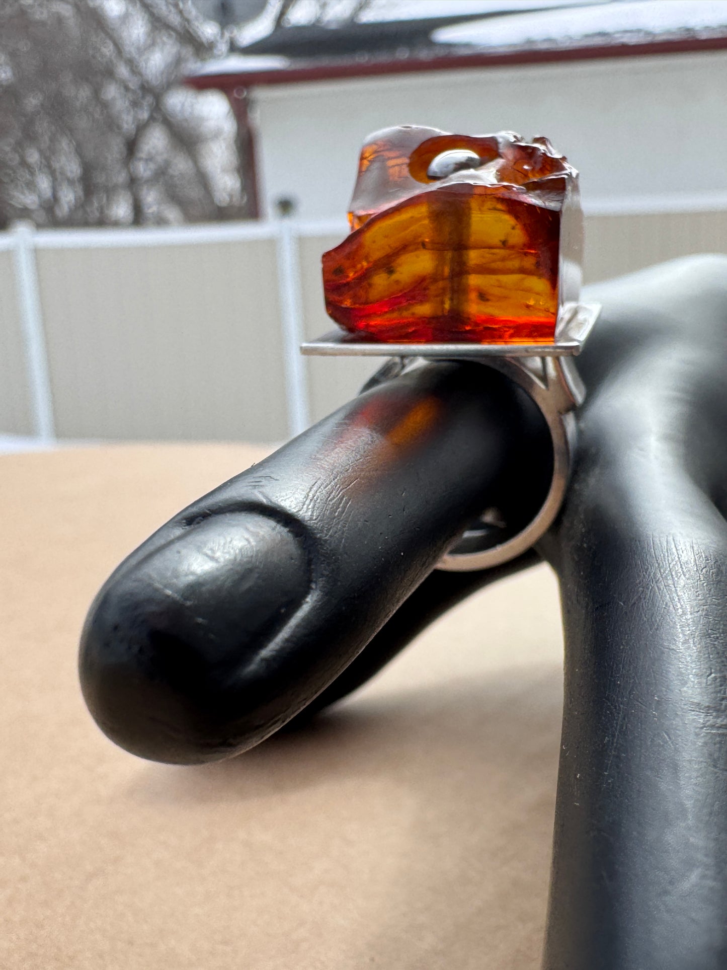 Sterling Silver Modernist Ring with Sculptural Amber, Mogens Godskesen Size 9
