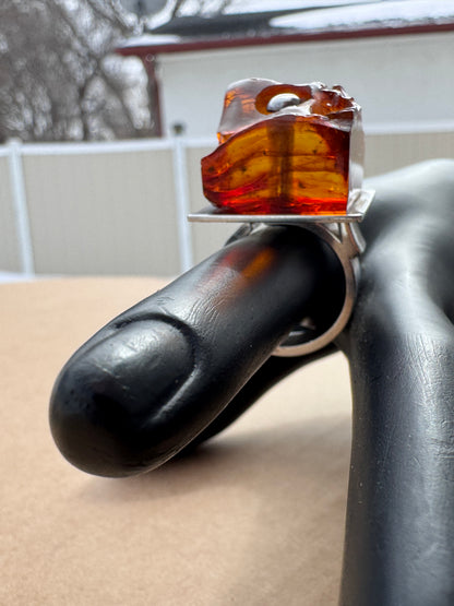 Sterling Silver Modernist Ring with Sculptural Amber, Mogens Godskesen Size 9
