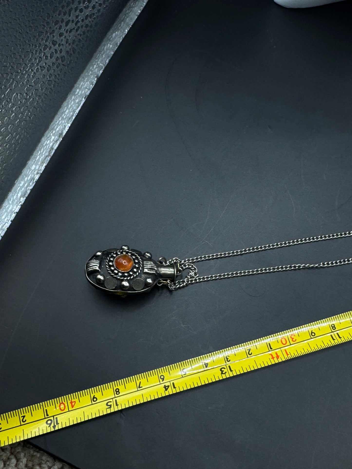 Vintage Silver Plated Perfume Bottle Necklace – Ornate Pendant with Amber Glass Cabochon