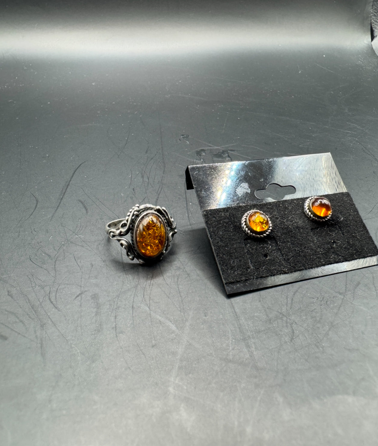 Vintage Sterling Silver 925 Baltic Amber Jewelry Set – Ring Size 7.5 & Stud Earrings