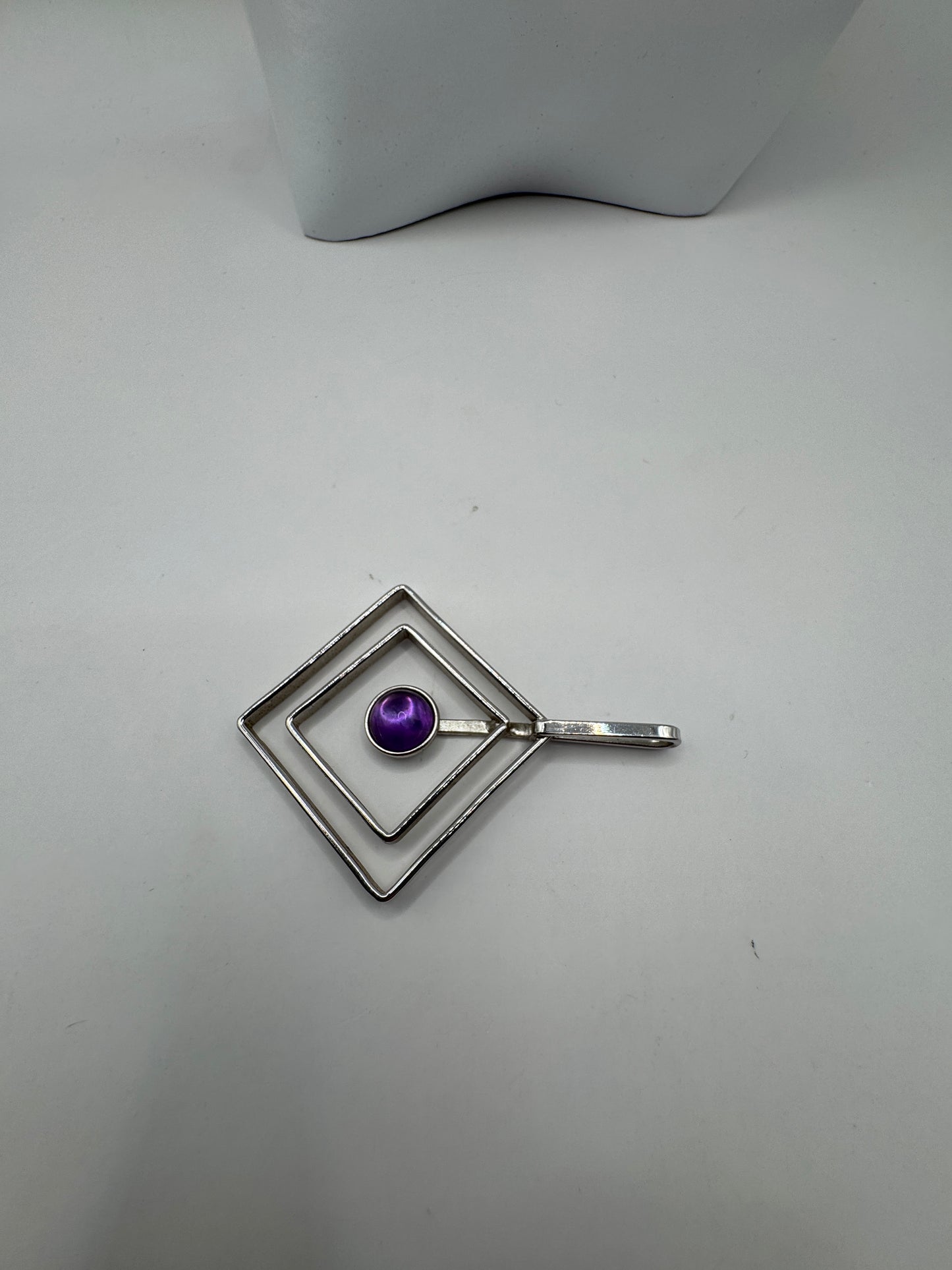 Vintage Large Artisan Sterling Silver Pendant with Amethyst, Rhodium-Plated – Excellent Condition