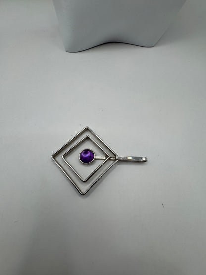 Vintage Large Artisan Sterling Silver Pendant with Amethyst, Rhodium-Plated – Excellent Condition