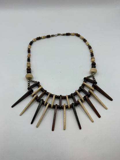 Vintage Bohemian Artisan Necklace – Bone & Mahogany Wood, Tribal Fringe Design, 20”