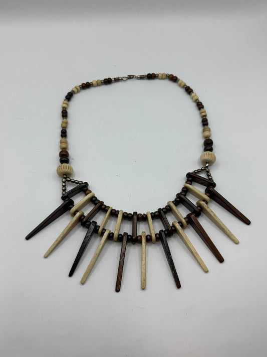 Vintage Bohemian Artisan Necklace – Bone & Mahogany Wood, Tribal Fringe Design, 20”