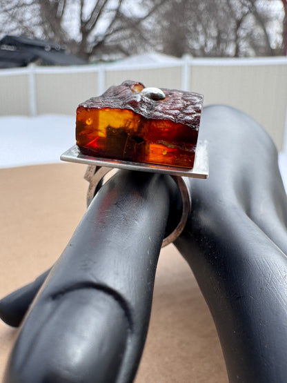 Mogens Godskesen Sterling Silver Modernist Ring with Sculptural Baltic Amber, Size 8.5