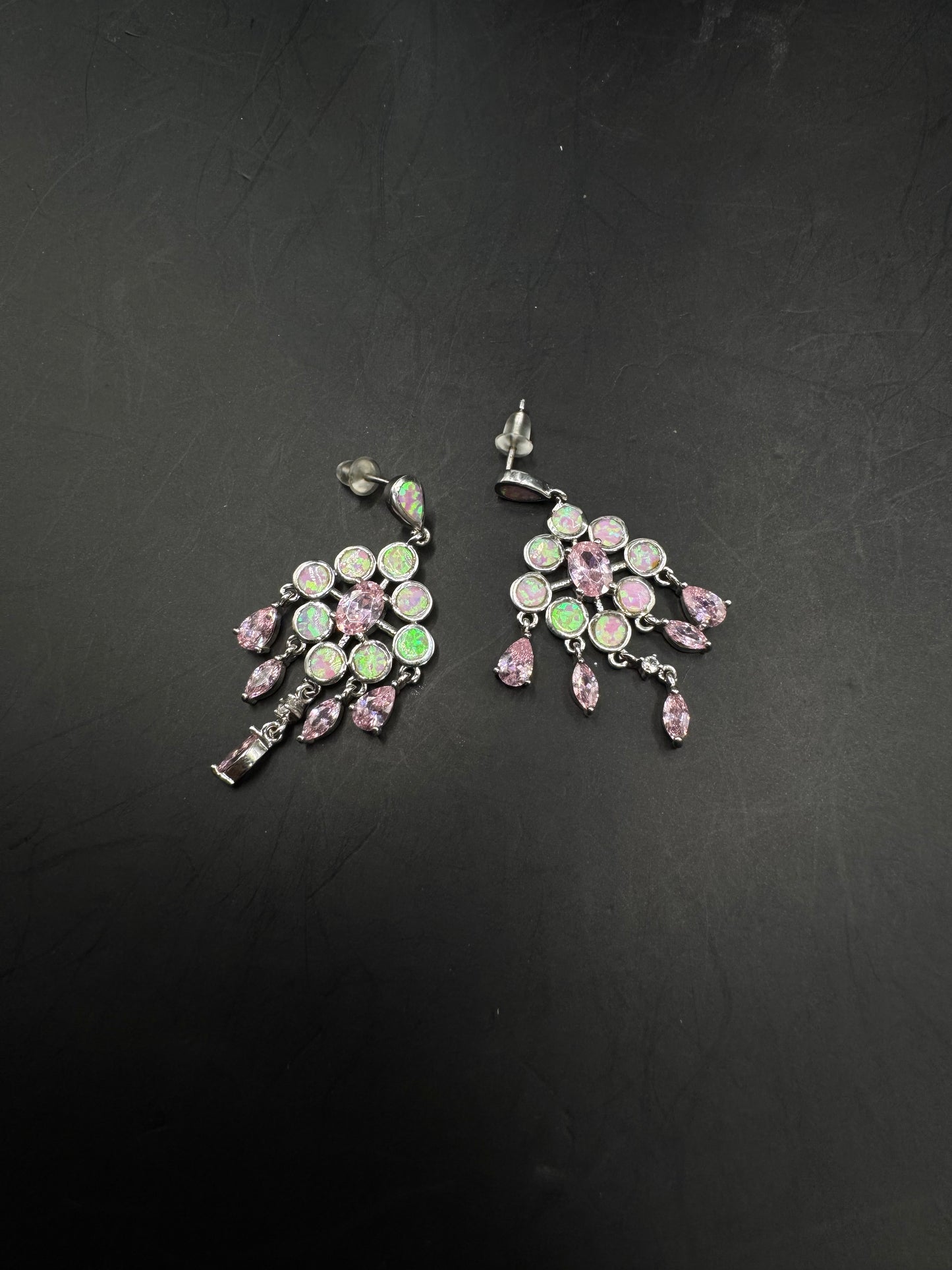 Silver Pink Opal & Crystal Dangle Earrings – Marked 925
